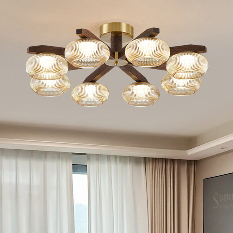 Traditional Vintage Bowl Walnut Wood Copper Glass LED Semi-Flush Mount Light For Living Room