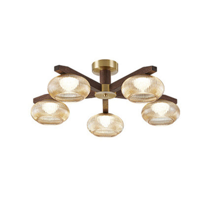 Traditional Vintage Bowl Walnut Wood Copper Glass LED Semi-Flush Mount Light For Living Room