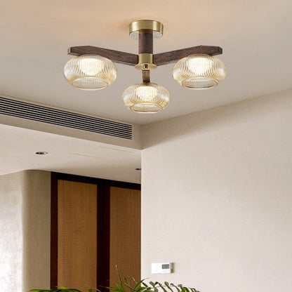 Traditional Vintage Bowl Walnut Wood Copper Glass LED Semi-Flush Mount Light For Living Room