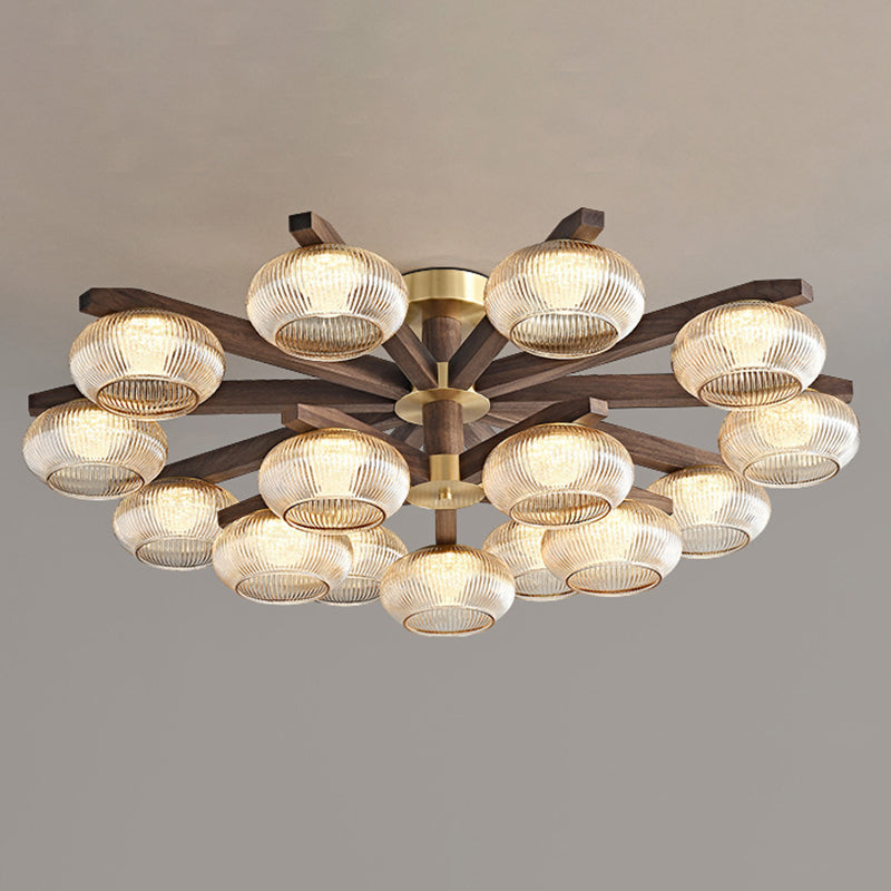 Traditional Vintage Bowl Walnut Wood Copper Glass LED Semi-Flush Mount Light For Living Room