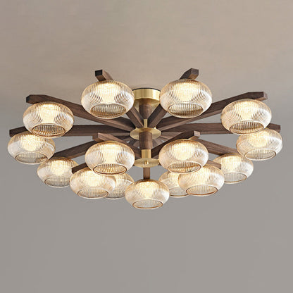 Traditional Vintage Bowl Walnut Wood Copper Glass LED Semi-Flush Mount Light For Living Room