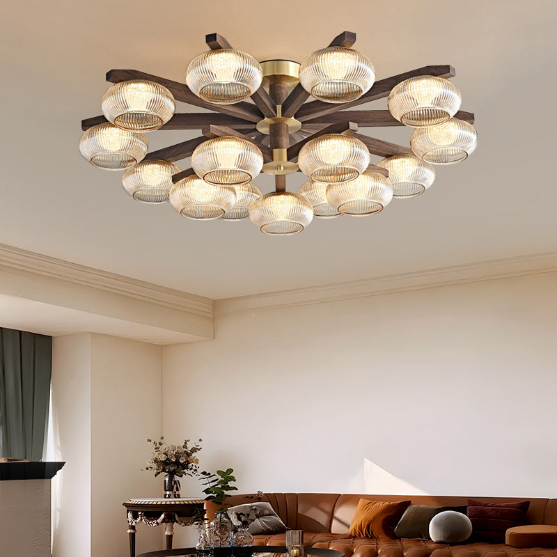 Traditional Vintage Bowl Walnut Wood Copper Glass LED Semi-Flush Mount Light For Living Room