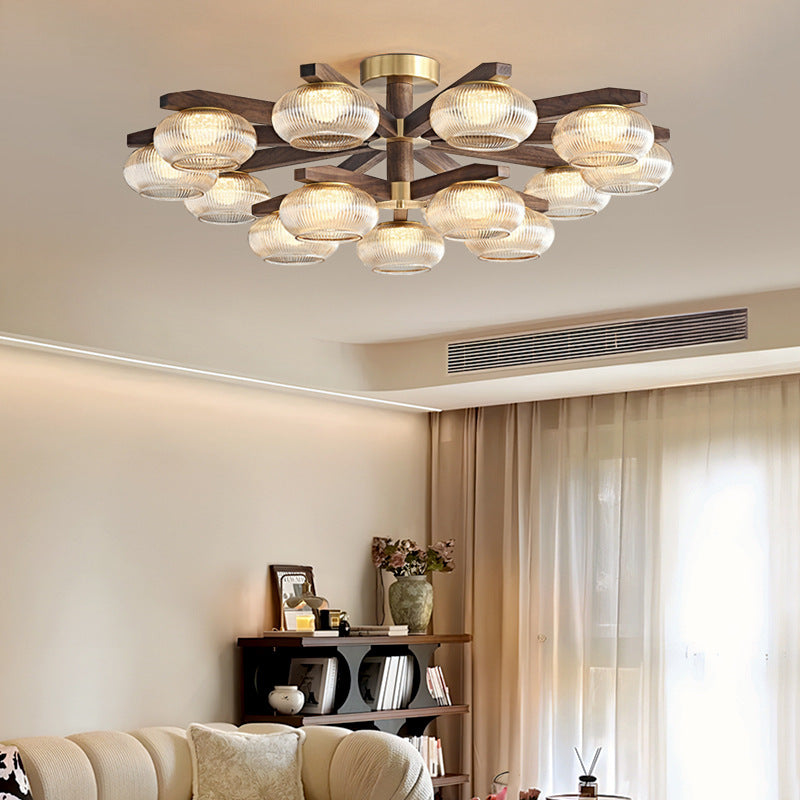 Traditional Vintage Bowl Walnut Wood Copper Glass LED Semi-Flush Mount Light For Living Room