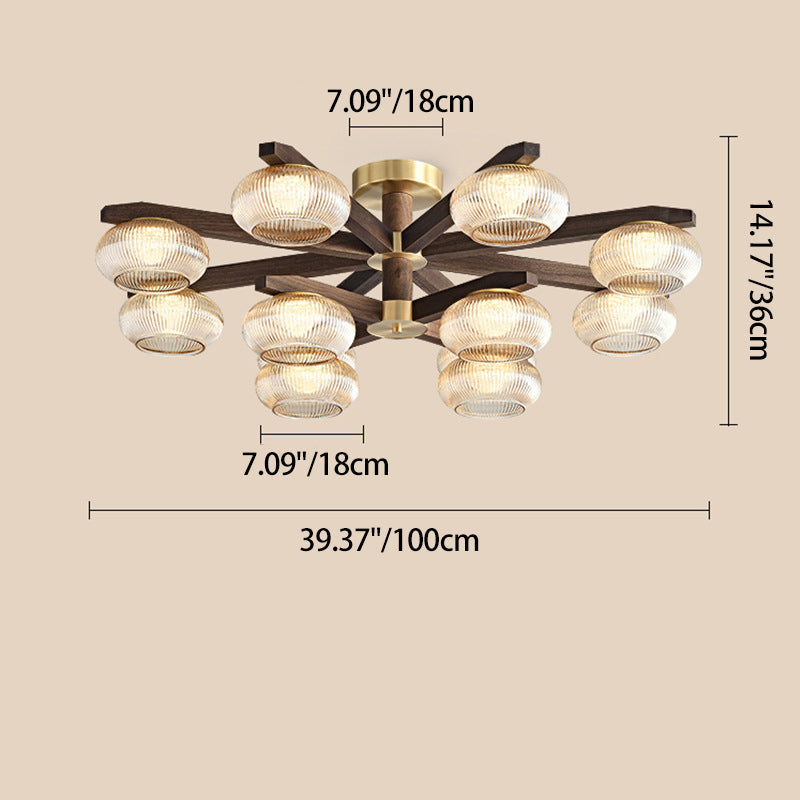Traditional Vintage Bowl Walnut Wood Copper Glass LED Semi-Flush Mount Light For Living Room