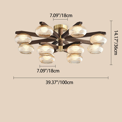 Traditional Vintage Bowl Walnut Wood Copper Glass LED Semi-Flush Mount Light For Living Room