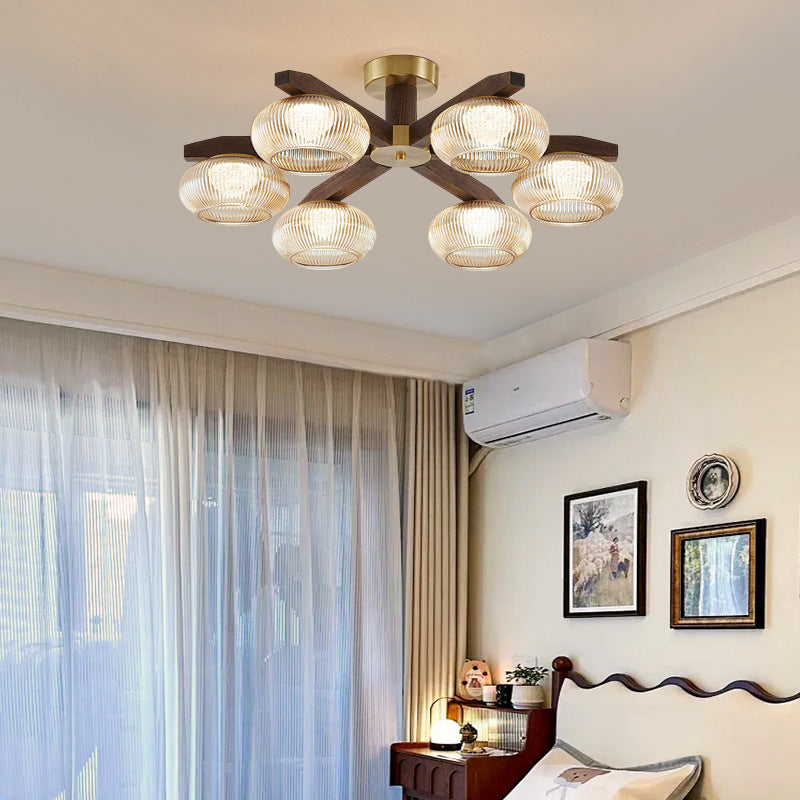 Traditional Vintage Bowl Walnut Wood Copper Glass LED Semi-Flush Mount Light For Living Room