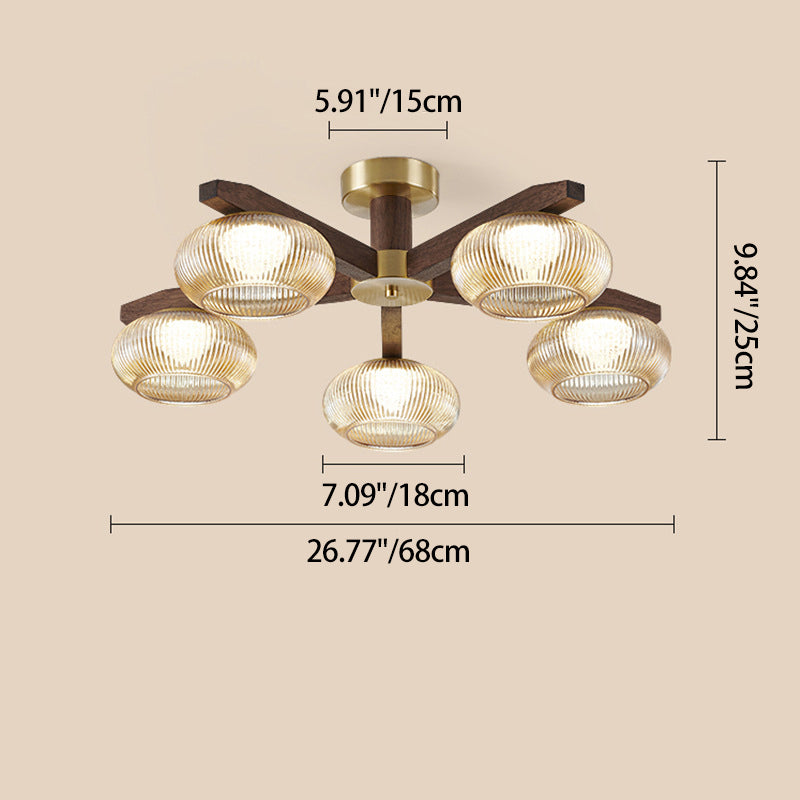 Traditional Vintage Bowl Walnut Wood Copper Glass LED Semi-Flush Mount Light For Living Room
