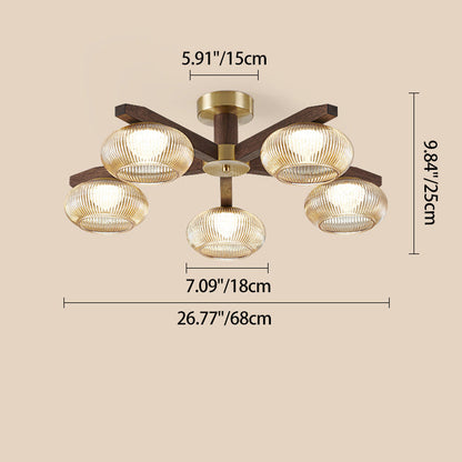 Traditional Vintage Bowl Walnut Wood Copper Glass LED Semi-Flush Mount Light For Living Room