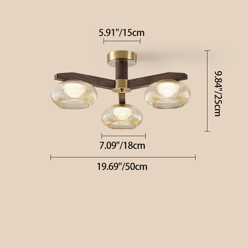 Traditional Vintage Bowl Walnut Wood Copper Glass LED Semi-Flush Mount Light For Living Room