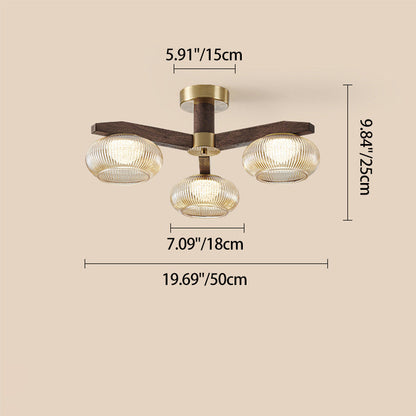 Traditional Vintage Bowl Walnut Wood Copper Glass LED Semi-Flush Mount Light For Living Room