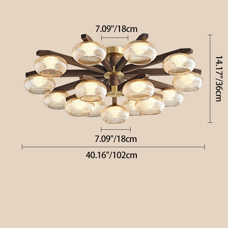 Traditional Vintage Bowl Walnut Wood Copper Glass LED Semi-Flush Mount Light For Living Room