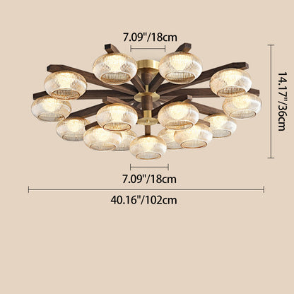 Traditional Vintage Bowl Walnut Wood Copper Glass LED Semi-Flush Mount Light For Living Room