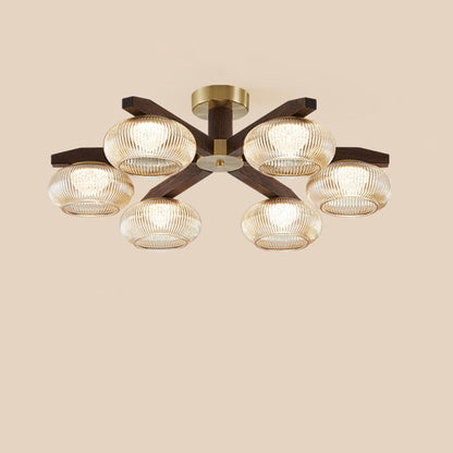 Traditional Vintage Bowl Walnut Wood Copper Glass LED Semi-Flush Mount Light For Living Room