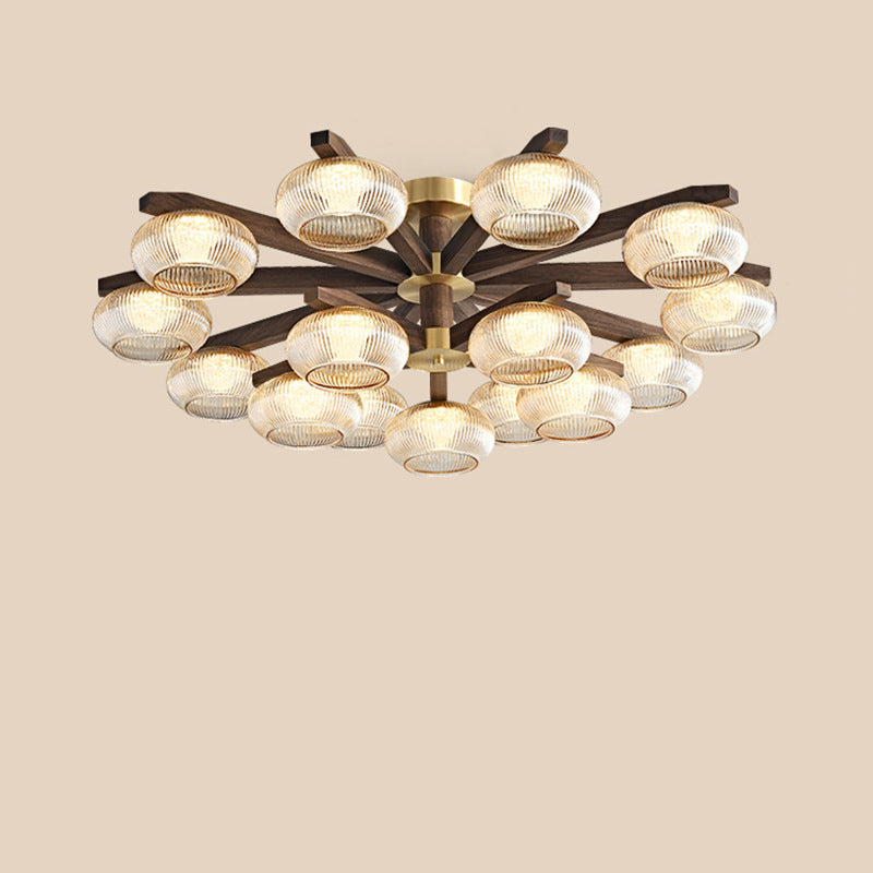 Traditional Vintage Bowl Walnut Wood Copper Glass LED Semi-Flush Mount Light For Living Room