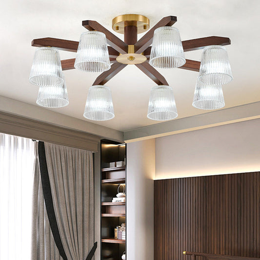 Contemporary Retro Cup Walnut Wood Copper Glass 5/6/8/10-Light Semi-Flush Mount Ceiling Light For Bedroom