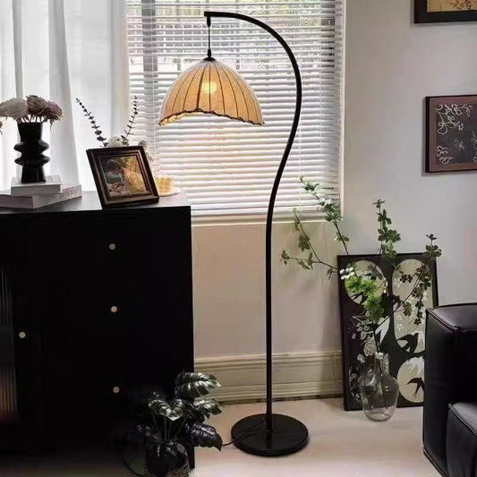 Traditional Vintage Round Hat Iron Fabric 1-Light Standing Floor Lamp For Living Room