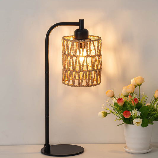 Traditional Rustic Cylindrical Iron Hemp Rope Weaving USB 1-Light Table Lamp For Study