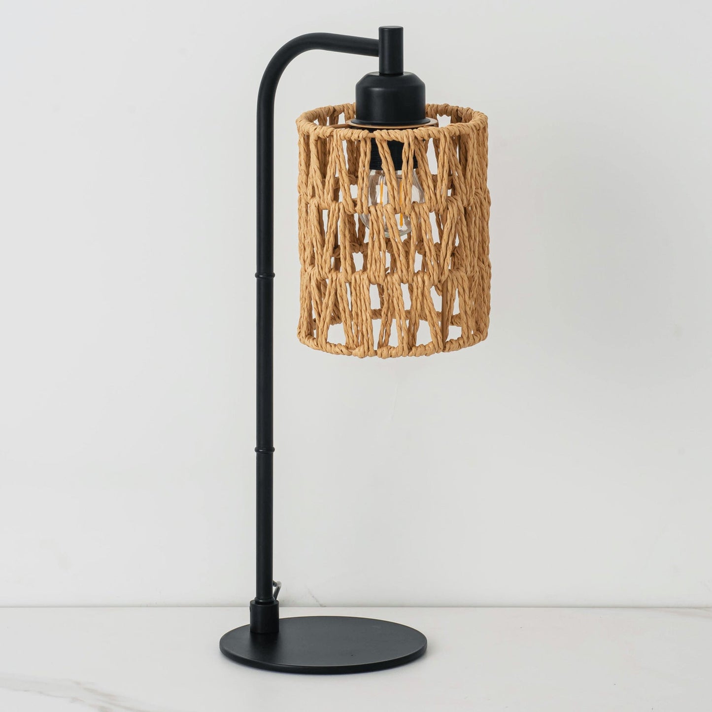 Traditional Rustic Cylindrical Iron Hemp Rope Weaving USB 1-Light Table Lamp For Study