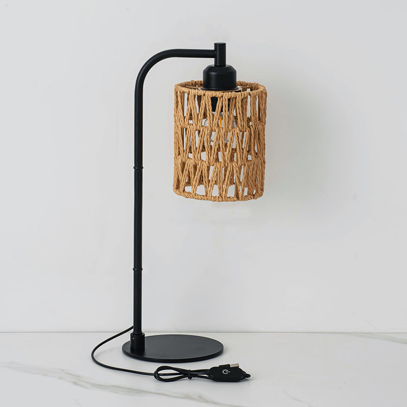Traditional Rustic Cylindrical Iron Hemp Rope Weaving USB 1-Light Table Lamp For Study