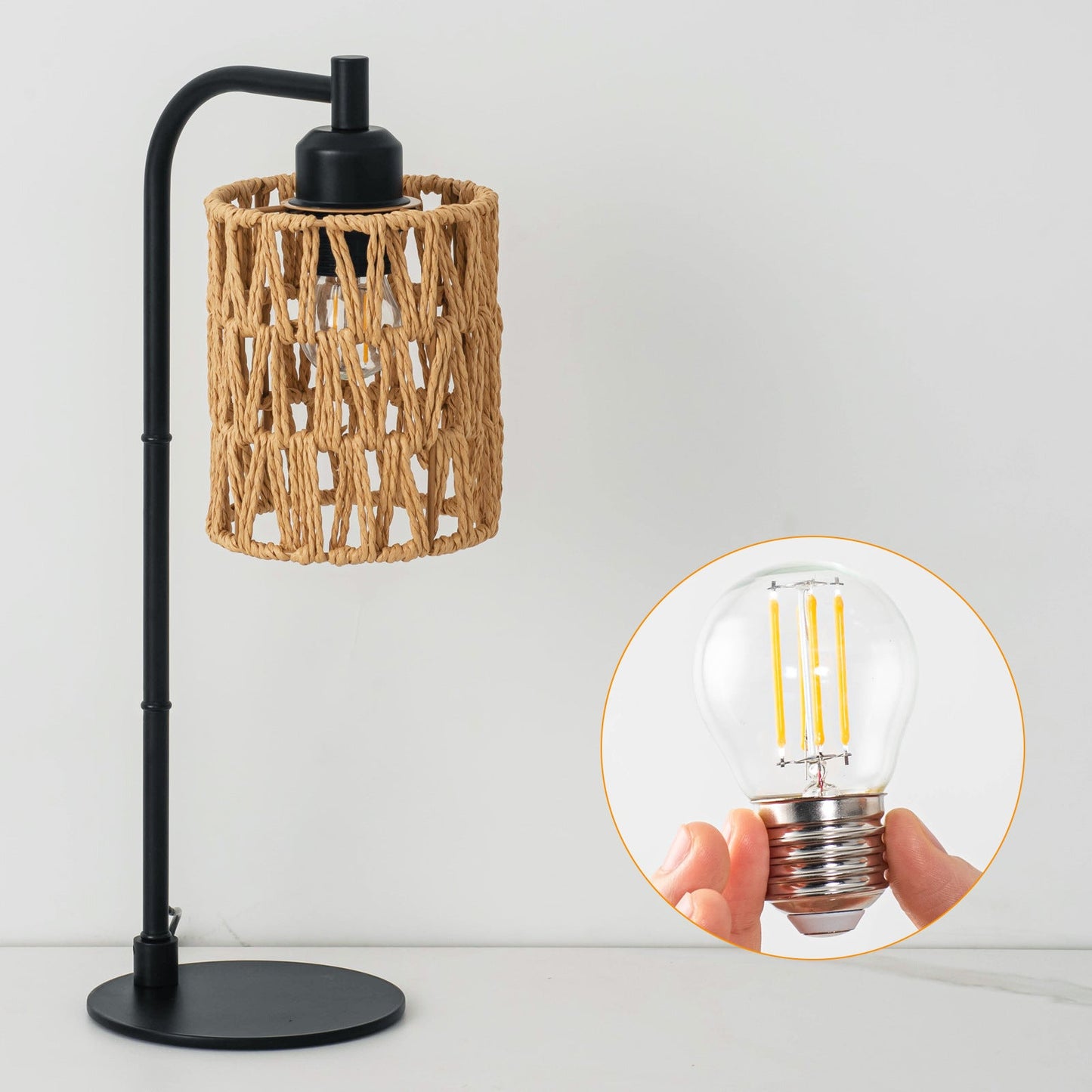 Traditional Rustic Cylindrical Iron Hemp Rope Weaving USB 1-Light Table Lamp For Study
