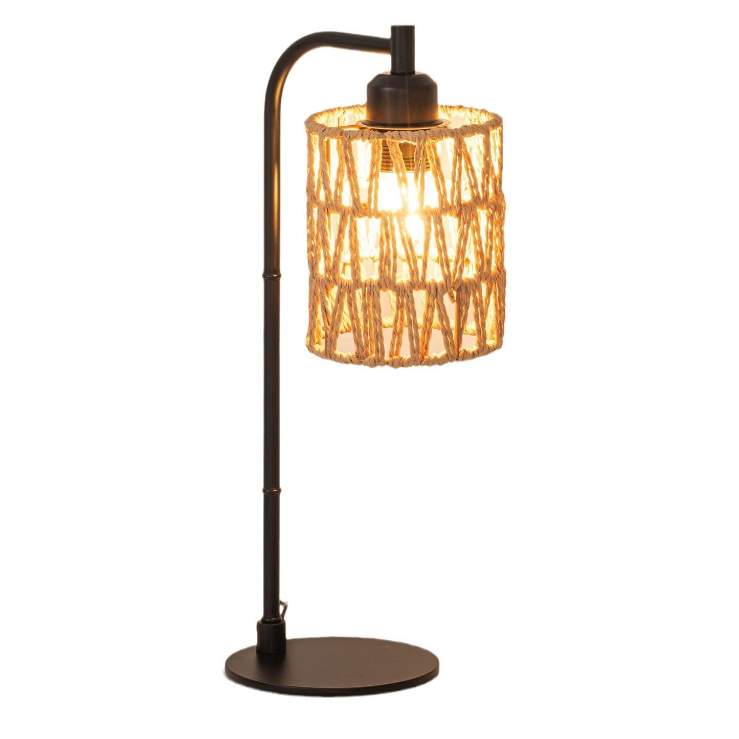 Traditional Rustic Cylindrical Iron Hemp Rope Weaving USB 1-Light Table Lamp For Study