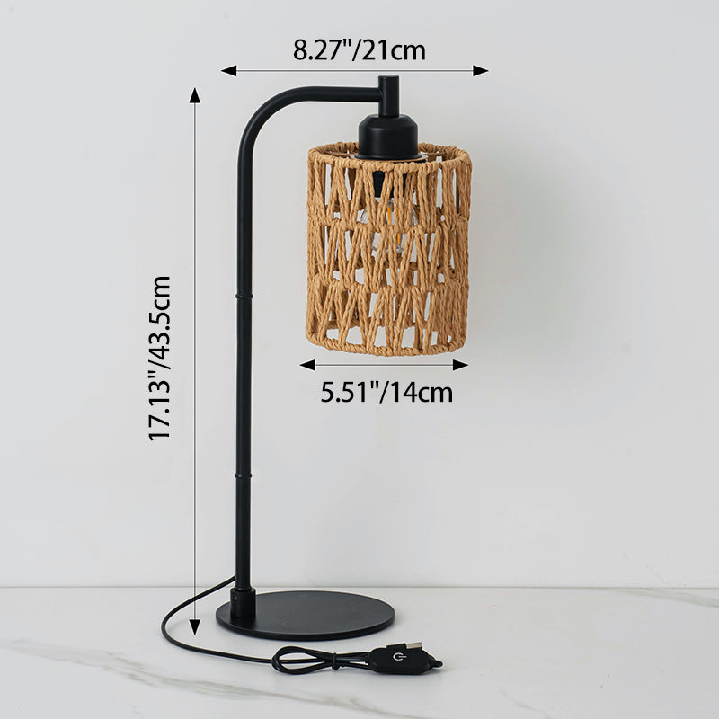 Traditional Rustic Cylindrical Iron Hemp Rope Weaving USB 1-Light Table Lamp For Study