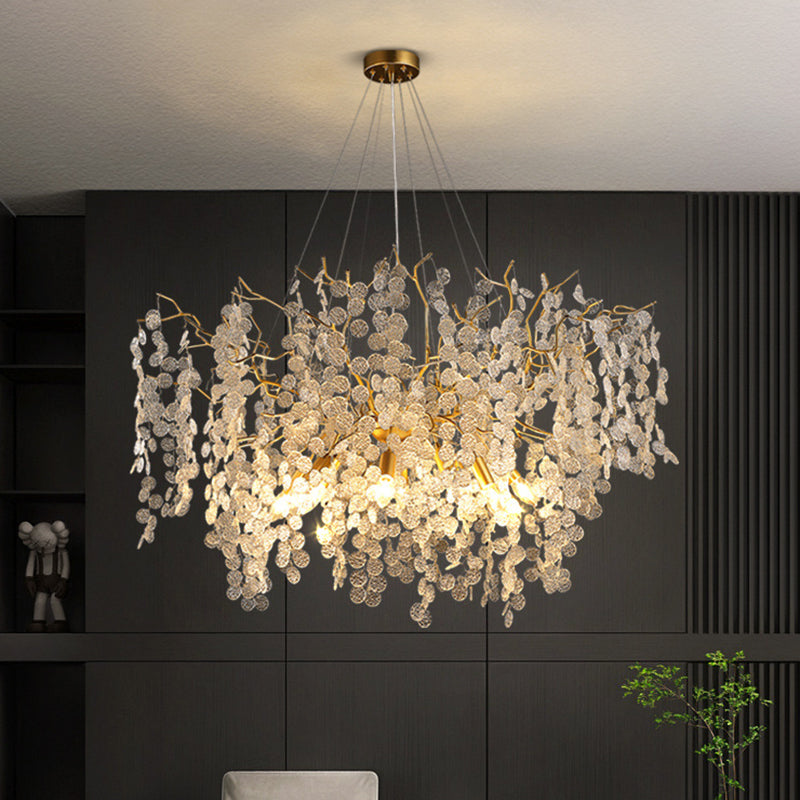 Contemporary Luxury Round Leaves Branches Aluminum Crystal 9/10/12/14-Light Chandelier For Living Room