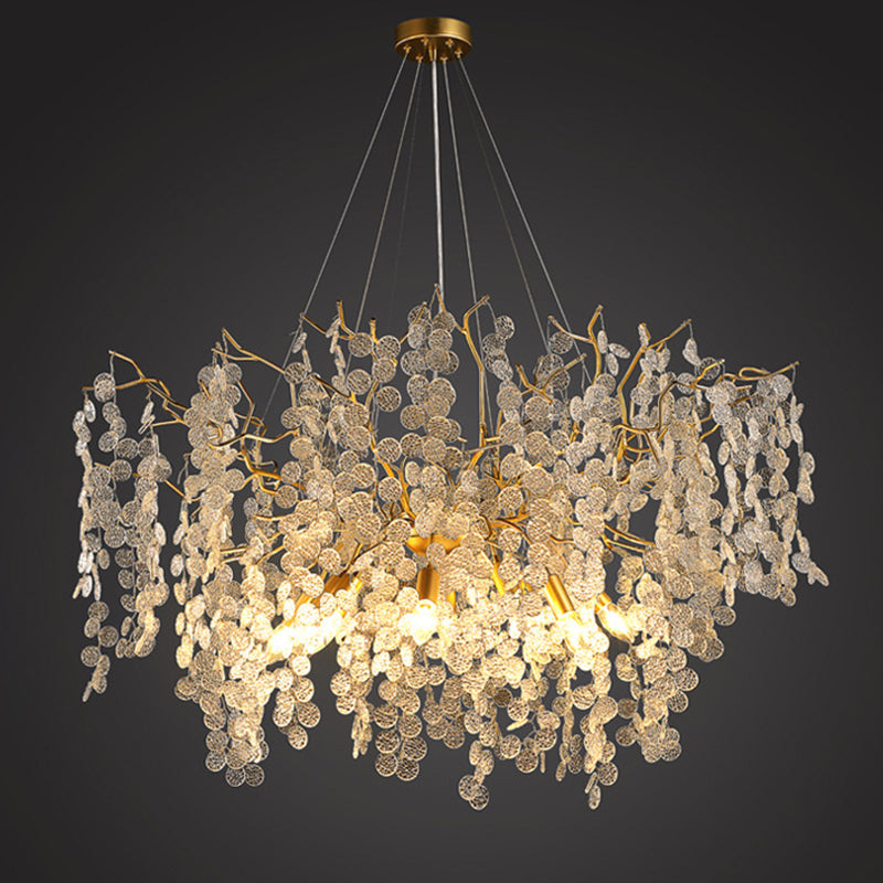 Contemporary Luxury Round Leaves Branches Aluminum Crystal 9/10/12/14-Light Chandelier For Living Room