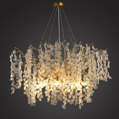 Contemporary Luxury Round Leaves Branches Aluminum Crystal 9/10/12/14-Light Chandelier For Living Room
