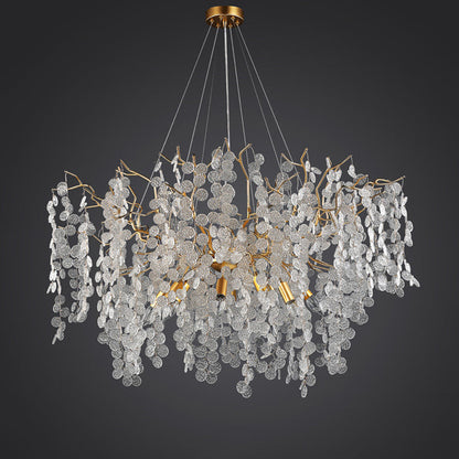 Contemporary Luxury Round Leaves Branches Aluminum Crystal 9/10/12/14-Light Chandelier For Living Room