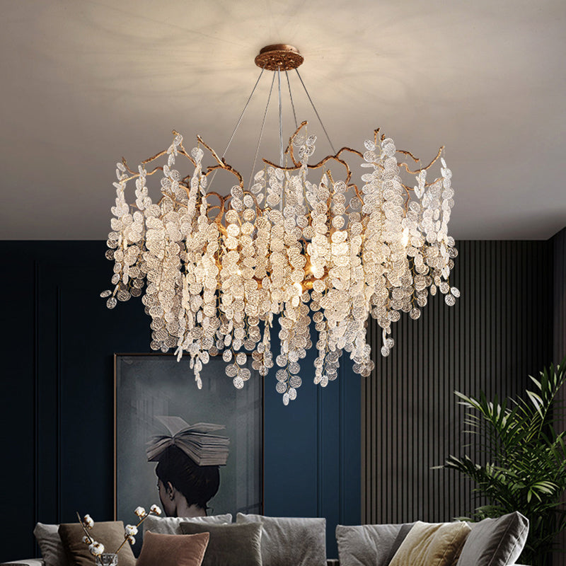 Contemporary Luxury Round Leaves Branches Aluminum Crystal 9/10/12/14-Light Chandelier For Living Room