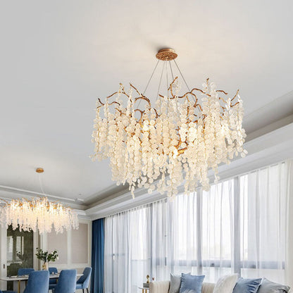 Contemporary Luxury Round Leaves Branches Aluminum Crystal 9/10/12/14-Light Chandelier For Living Room