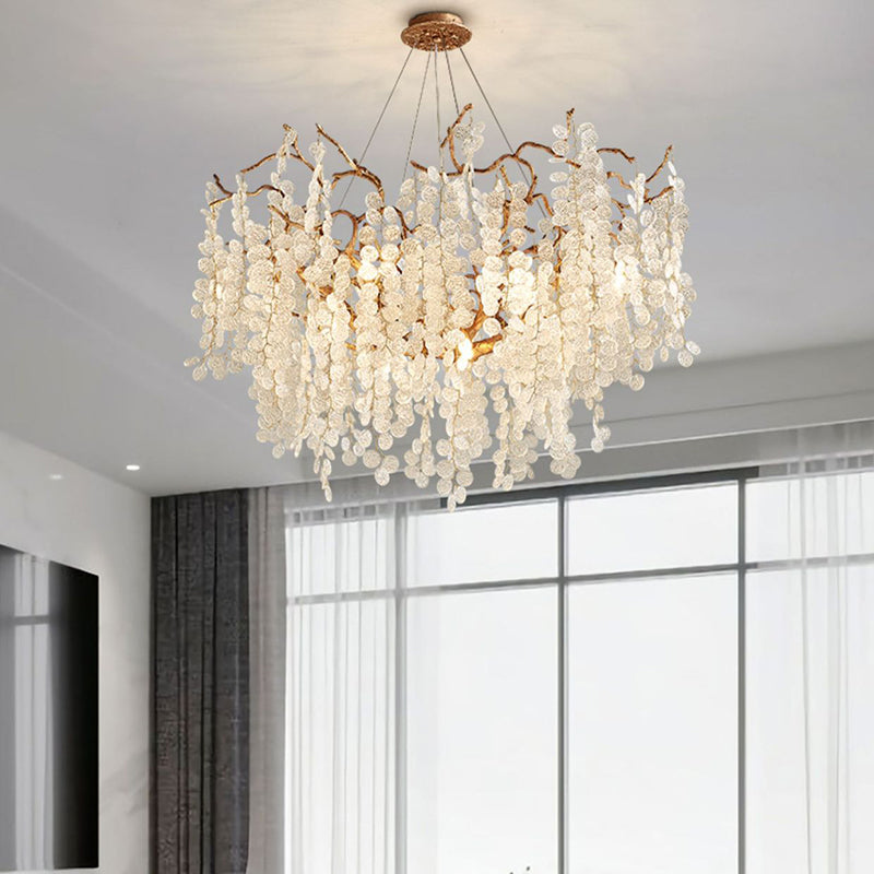 Contemporary Luxury Round Leaves Branches Aluminum Crystal 9/10/12/14-Light Chandelier For Living Room
