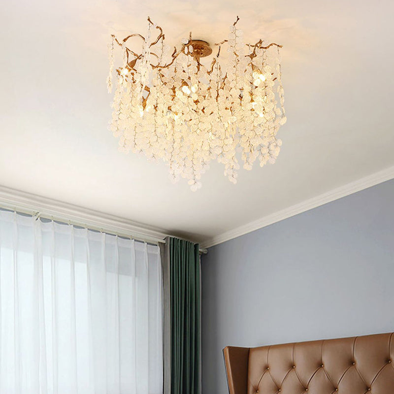 Contemporary Luxury Round Leaves Branches Aluminum Crystal 9/10/12/14-Light Chandelier For Living Room