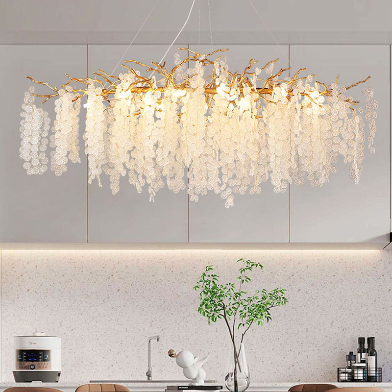 Contemporary Luxury Round Leaves Branches Aluminum Crystal 9/10/12/14-Light Chandelier For Living Room