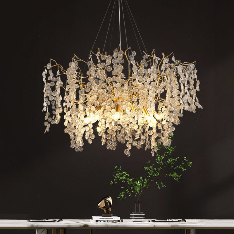 Contemporary Luxury Round Leaves Branches Aluminum Crystal 9/10/12/14-Light Chandelier For Living Room