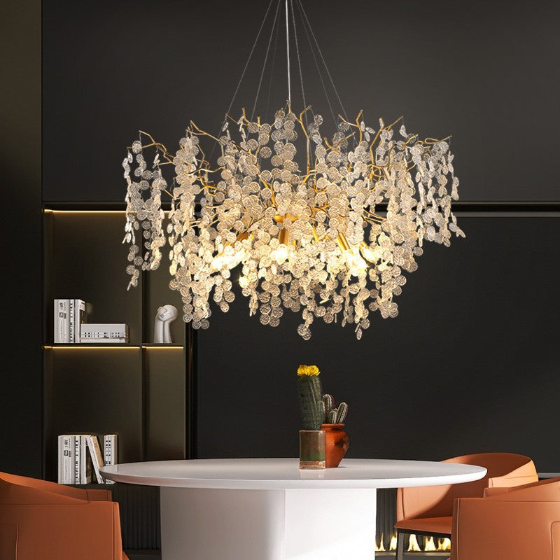 Contemporary Luxury Round Leaves Branches Aluminum Crystal 9/10/12/14-Light Chandelier For Living Room