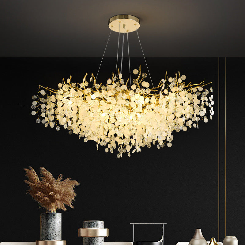 Contemporary Luxury Round Leaves Branches Aluminum Crystal 9/10/12/14-Light Chandelier For Living Room