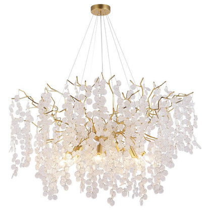 Contemporary Luxury Round Leaves Branches Aluminum Crystal 9/10/12/14-Light Chandelier For Living Room