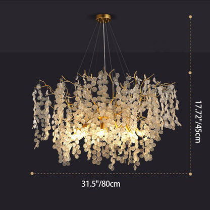 Contemporary Luxury Round Leaves Branches Aluminum Crystal 9/10/12/14-Light Chandelier For Living Room