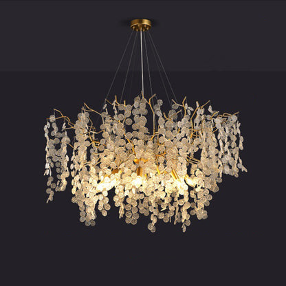 Contemporary Luxury Round Leaves Branches Aluminum Crystal 9/10/12/14-Light Chandelier For Living Room