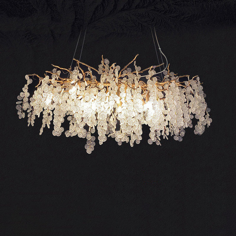 Contemporary Luxury Round Leaves Branches Aluminum Crystal 9/10/12/14-Light Chandelier For Living Room