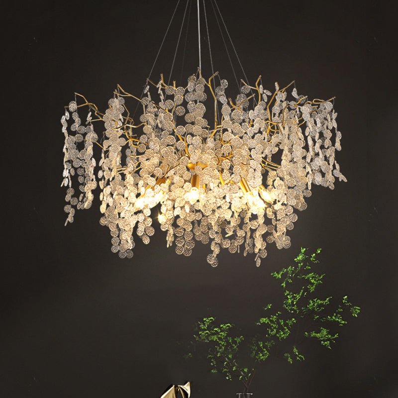 Contemporary Luxury Round Leaves Branches Aluminum Crystal 9/10/12/14-Light Chandelier For Living Room