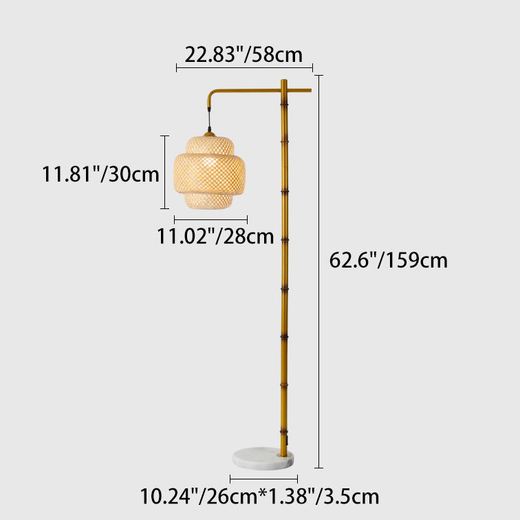 Traditional Rustic Lantern Metal Marble Bamboo Weaving 1-Light Standing Floor Lamp For Bedroom