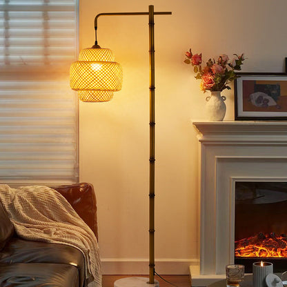 Traditional Rustic Lantern Metal Marble Bamboo Weaving 1-Light Standing Floor Lamp For Bedroom