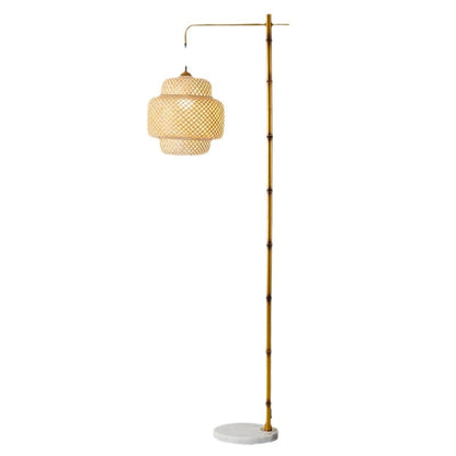 Traditional Rustic Lantern Metal Marble Bamboo Weaving 1-Light Standing Floor Lamp For Bedroom