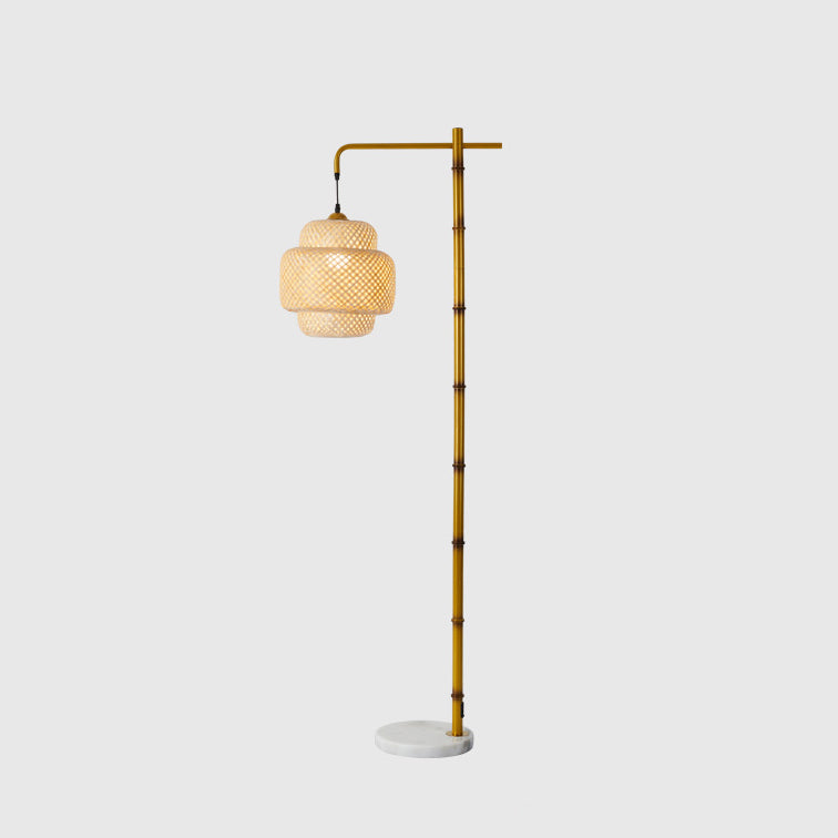Traditional Rustic Lantern Metal Marble Bamboo Weaving 1-Light Standing Floor Lamp For Bedroom