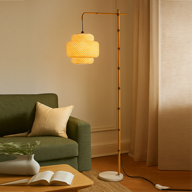 Traditional Rustic Lantern Metal Marble Bamboo Weaving 1-Light Standing Floor Lamp For Bedroom
