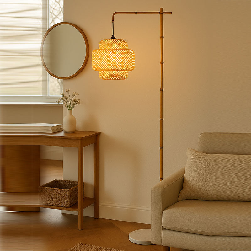 Traditional Rustic Lantern Metal Marble Bamboo Weaving 1-Light Standing Floor Lamp For Bedroom