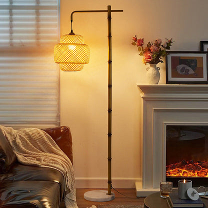 Traditional Rustic Lantern Metal Marble Bamboo Weaving 1-Light Standing Floor Lamp For Bedroom
